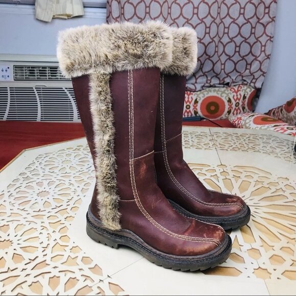 BOS & CO Brown Leather Fur Knee high Winter Boots Women Size  7 - Picture 12 of 16